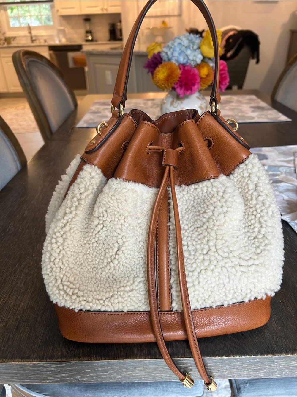 Vintage Lauren Ralph Lauren Cream Sherpa & Brown Leather Drawstring Bucket Bag
